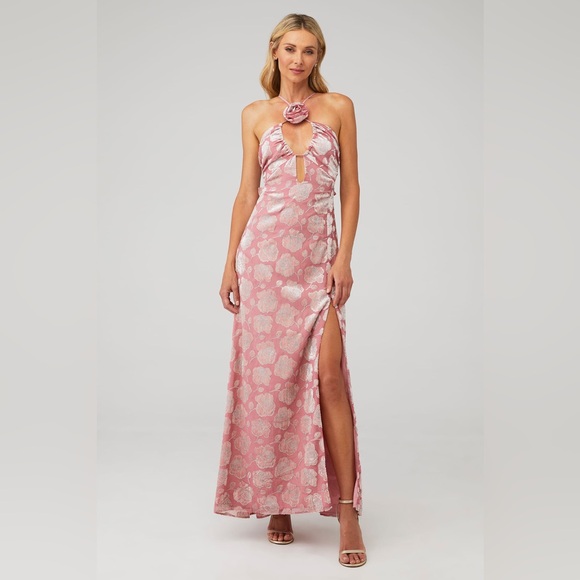 For Love & Lemons Raya Pink Velvet Rosette Rose Floral Maxi Dress Size M‎ - Picture 1 of 10